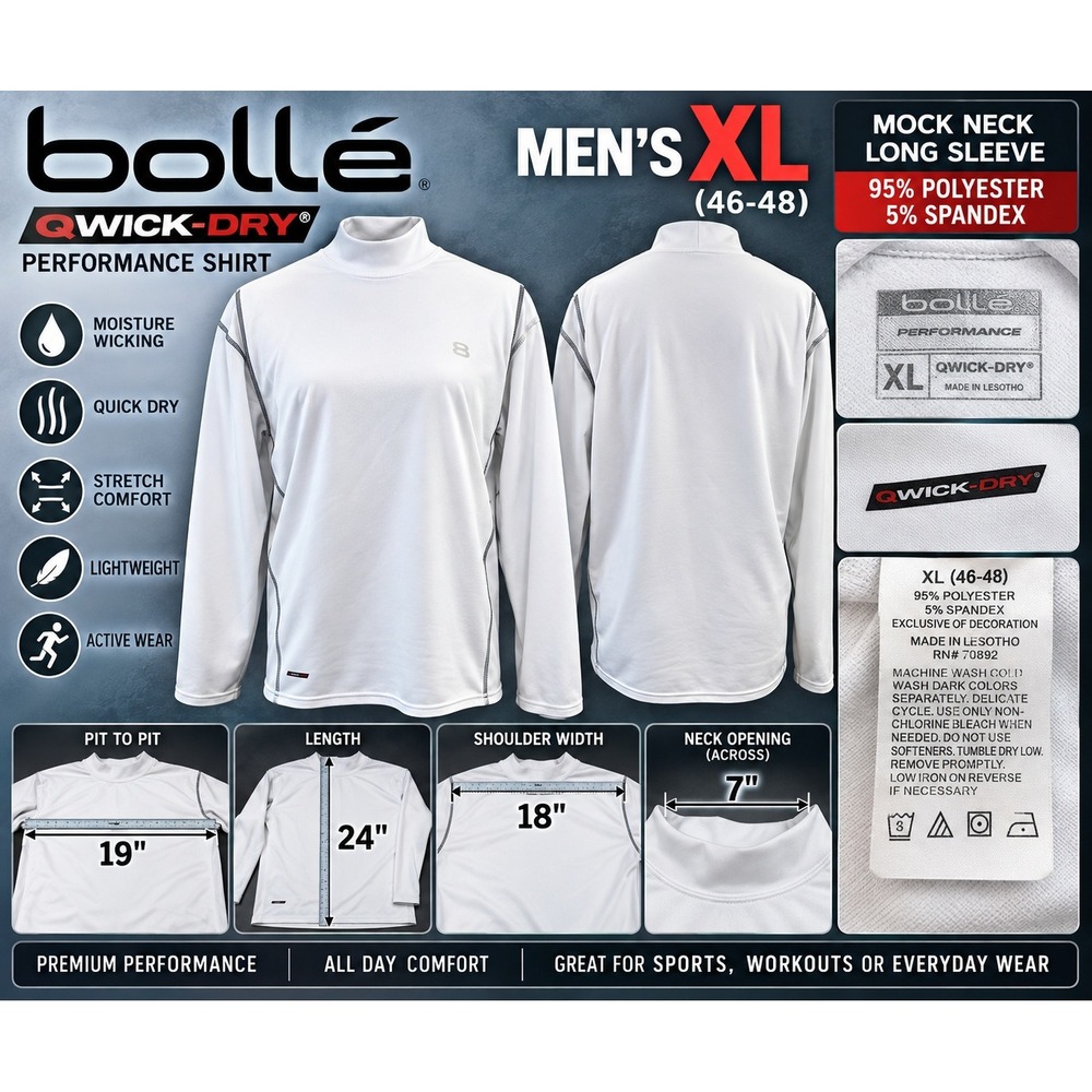 Bolle Performance Qwick-Dry Mens XL White Mock Neck Long Sleeve Shirt RN 70892